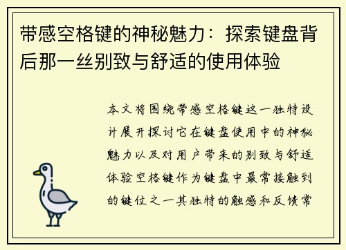带感空格键的神秘魅力：探索键盘背后那一丝别致与舒适的使用体验